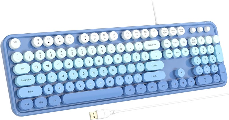 Atelus USB Wired Computer Keyboard - Retro Typewriter Style Full Size Office Keyboard with Number Pad, Caps Indicators, Foldable Stands, for PC Laptop Desktop Windows (Blue) - Image 1
